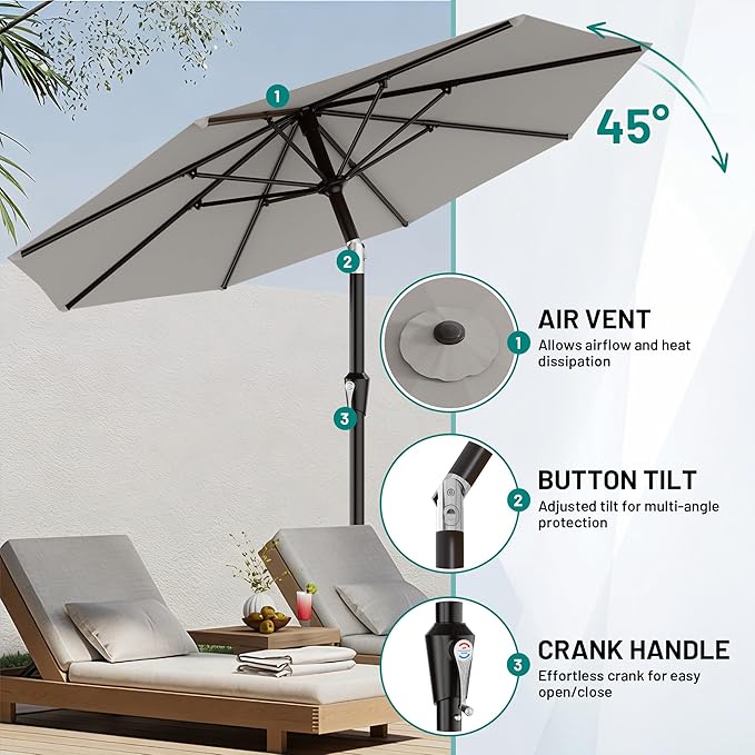 AreShark 9 FT Patio Umbrella for Outdoor, Outdoor Table Umbrella with Push Button Tilt and Crank, Outdoor Patio Umbrellas with 8 Sturdy Ribs for Market, Garden, Pool (Light Gray)