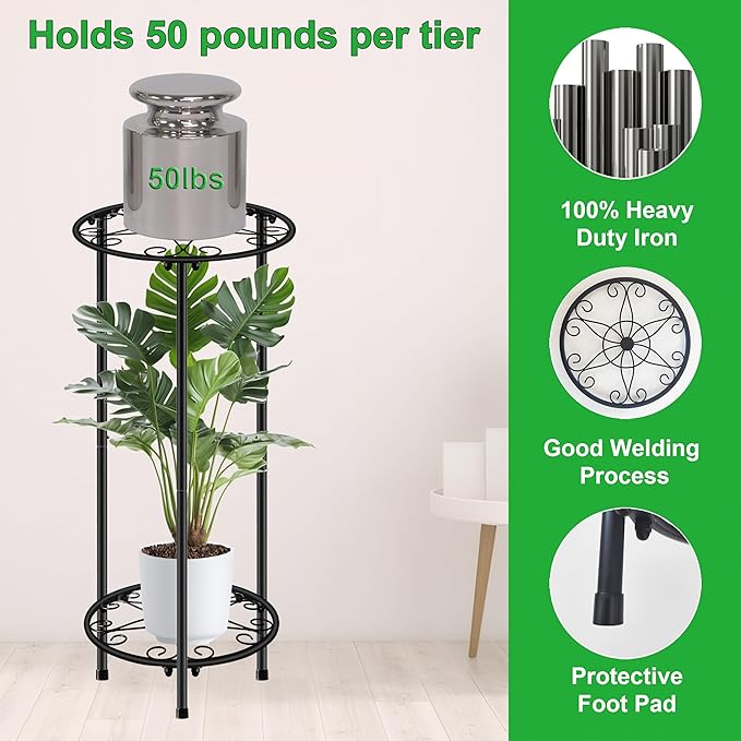 CASIMR Plant Stand Indoor Outdoor, Metal Rustproof Flower Shelf 2 Tier 23.9 inch, Tall Multiple Plant Pot Holder Rack for Garden Patio Living Room Corner Balcony, 2 Pack Black