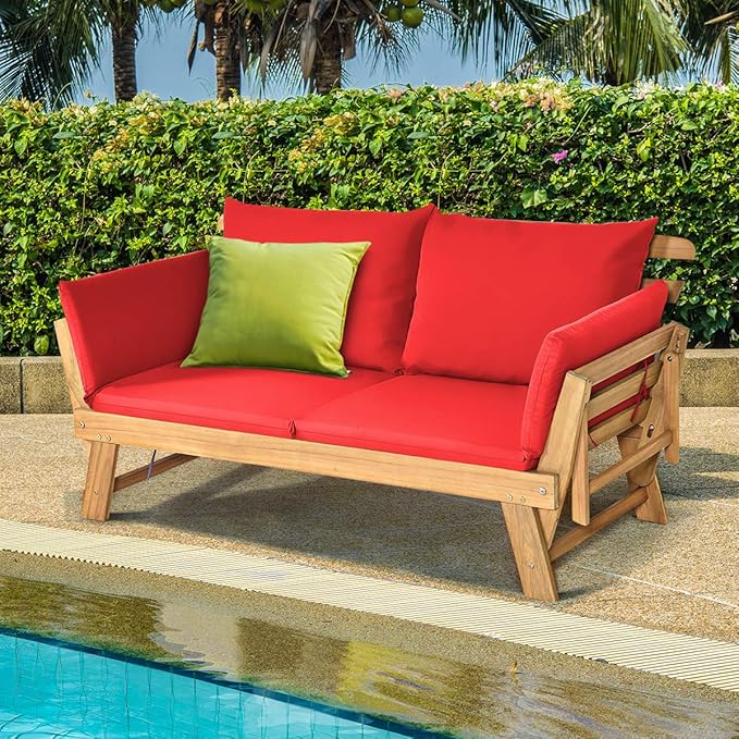 Tangkula Convertible Acacia Wood Patio Couch Sofa Bed with Adjustable Armrest, Outdoor Daybed with Cushion & Pillows, Outside Folding Futon Sofa Couch Bench for Porch, Courtyard, Poolside & Garden
