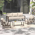 Outdoor Patio Furniture Set, 4 Pieces Metal Patio Furniture Set with Coffee Table, Modern Outdoor Patio Conversation Seating Set with 6” Thick Cushions, Upgrade Beige