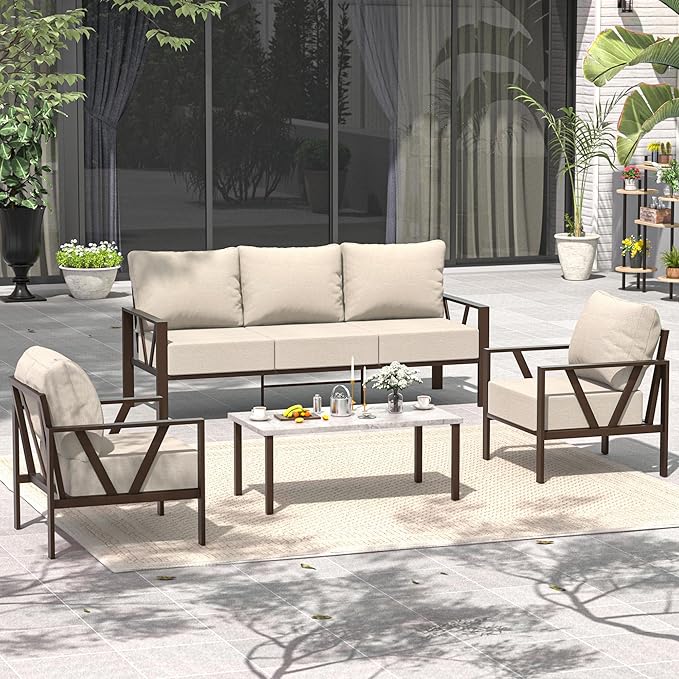 Outdoor Patio Furniture Set, 4 Pieces Metal Patio Furniture Set with Coffee Table, Modern Outdoor Patio Conversation Seating Set with 6” Thick Cushions, Upgrade Beige