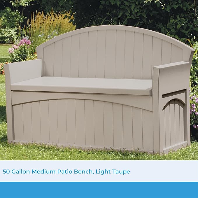 Suncast Outdoor Storage Bench - 50 Gallon Taupe Resin Outdoor Bench with Storage for Cushions, Tools & More. All-Weather Patio Deck Box with Seat for Porch, Pool, Yard, & Garden, Made in USA