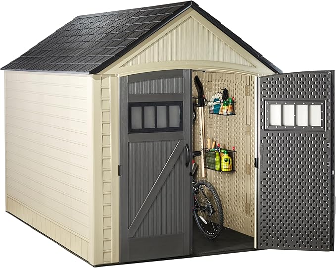 Rubbermaid Resin Outdoor Storage Shed With Floor (7 x 10.5 Ft) Weather Resistant, Brown Gable, Organization for Home/Backyard/Garden Tools/Lawn Mower/Bike Storage/Pool Supplies