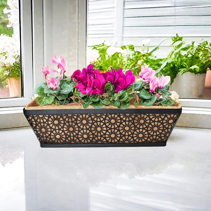 2 Pack 30" Railing Planter Window Box Deck Balcony Rail Planters Black Metal Flower Basket Horse Trough Planter with Coco Fiber Liner for Porch Fence Patio Outdoor