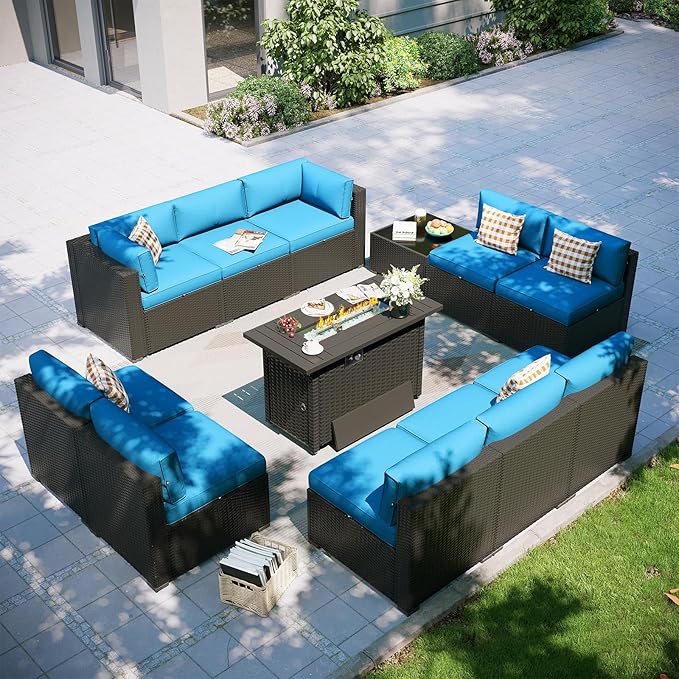 Aoxun Patio Furniture Set with Fire Pit Table, 12 Piece Outdoor Sectional Sofas, 10 Seats Wicker Rattan Outdoor Furniture with Thickened Cushion for Backyard, Garden Peacock Blue