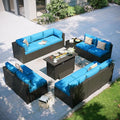 Aoxun Patio Furniture Set with Fire Pit Table, 12 Piece Outdoor Sectional Sofas, 10 Seats Wicker Rattan Outdoor Furniture with Thickened Cushion for Backyard, Garden Peacock Blue