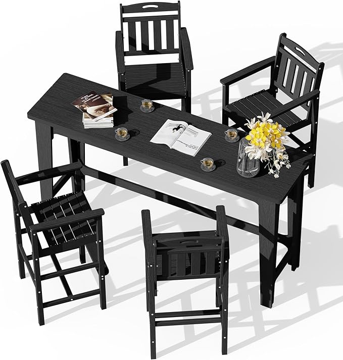 Ciokea Outdoor Bar Height Table Set of 5, 60" Extra Long Rectangle High Top Table and 4 Oversized Adirondack Chairs Set, Heavy-Duty All-Weather HDPE Patio Bar Set for Backyard Balcony Deck, Black