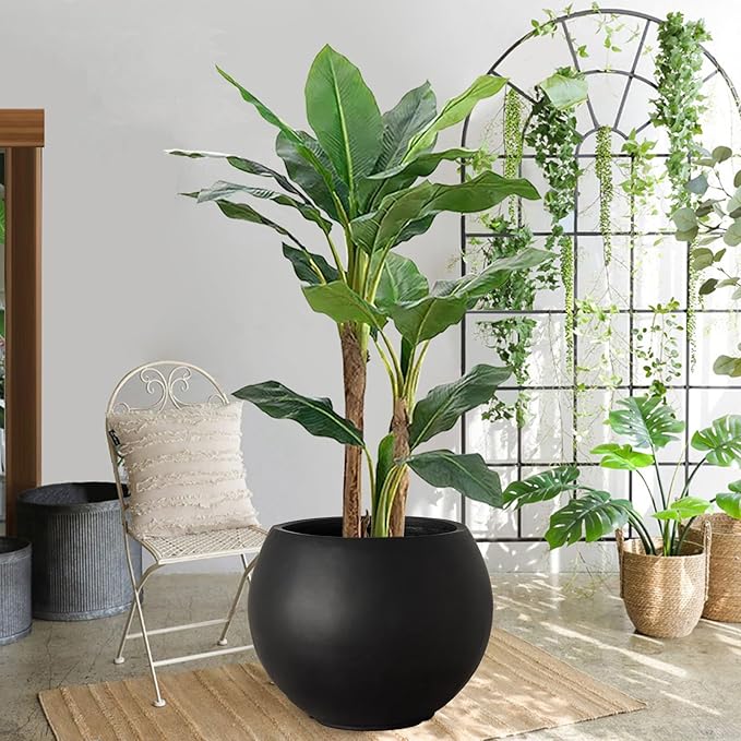 17 H x 21" Dia (15" Pot Opening) Round Fiberstone Planter with Drainage Hole, Black, Indoor/Outdoor Large Plant Pot for Home Patio Garden, Planter for Christmas Tree, Ideal for Large Plants