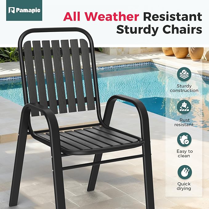 Pamapic Outdoor Dining Sets for 6, Rectangular Steel Slat Table with 6 Plastic Chairs, 7 Piece Patio Table and Chairs Set with Adjustable Umbrella Hole for Garden, Backyard, Poolside (Black)