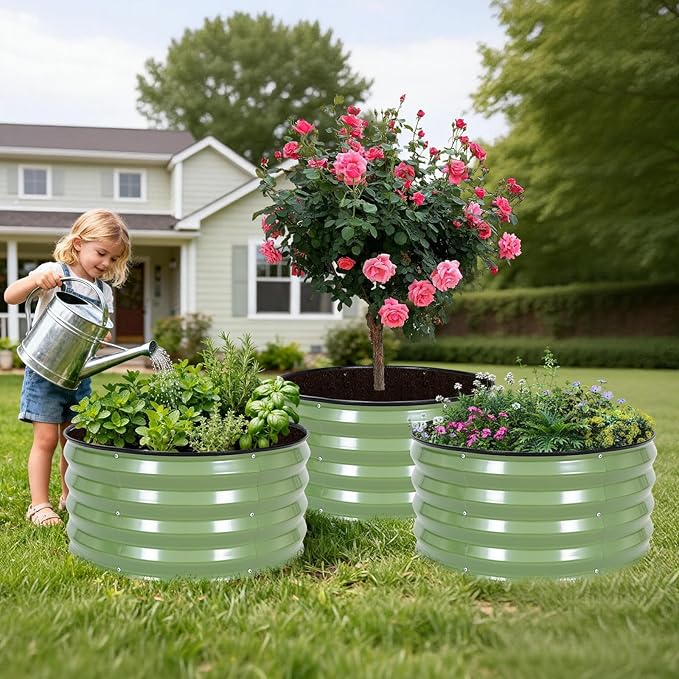 INNO STAG 3 Pcs Round Galvanized Raised Garden Bed — 2×2×1ft Planter Box Outdoor Raised Beds Kit for Gardening Vegetables, Fruits, Herbs, and Flowers, Olive Green