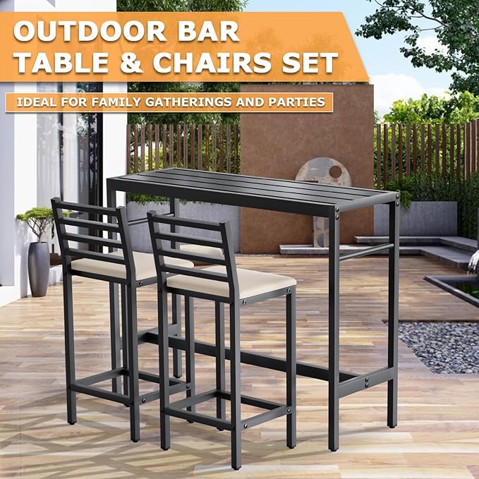 Outdoor Patio Bar Set 3 Piece,50" Rectangular Counter Height High Top Bar Tables, 2 Cushioned 41" Bar Stools, Metal Bar Table and Chairs Set for Poolside, Balcony, Backyard, Porch