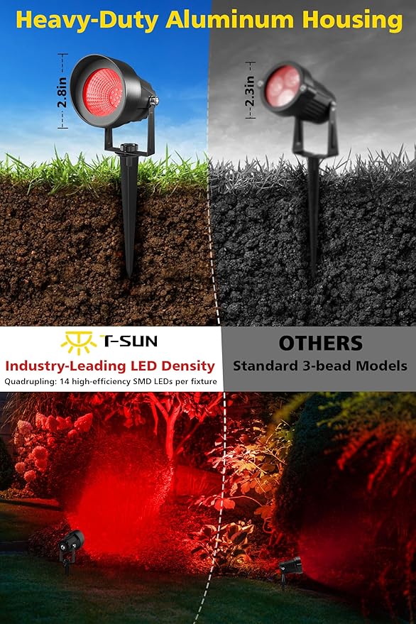 T-SUN Red Spotlight Outdoor, Waterproof LED Landscape Lighting with US Plug, Easy Install 270° Adjustable Outdoor Spot Lights for Garden Tree Yard Decor, Set of 2