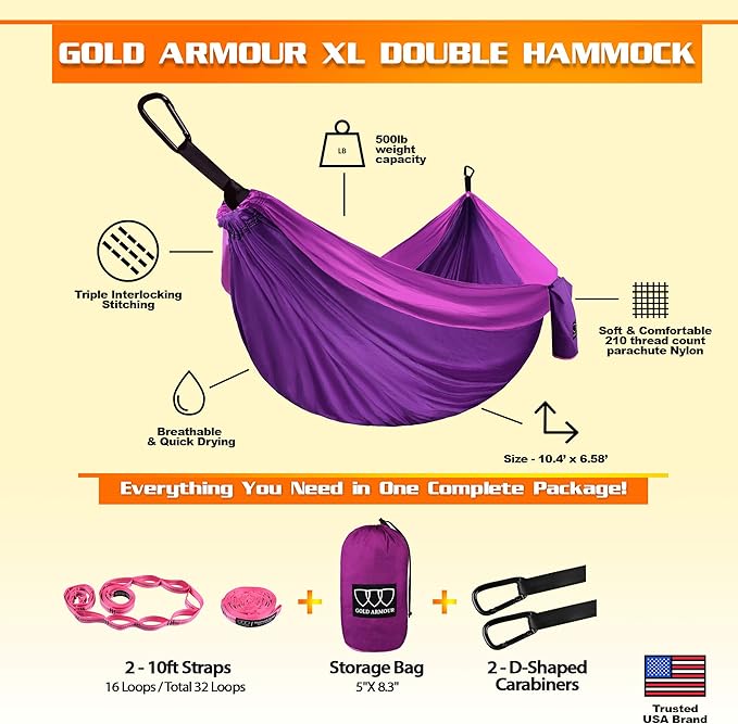 Gold Armour Camping Hammock - XL Double Hammock Portable Hammock Camping Accessories Gear for Outdoor Indoor with Tree Straps, USA Based Brand (Purple and Fuchsia)