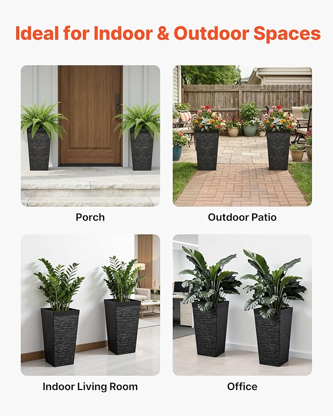 VEVOR Set of 2 Tall Planters for Outdoor Plants 23 inch, Black Tall Planter for Indoor Plants, Modern Planters for Front Porch Patio Balcony, Plant Container Flower Pots with Built-in Drainage