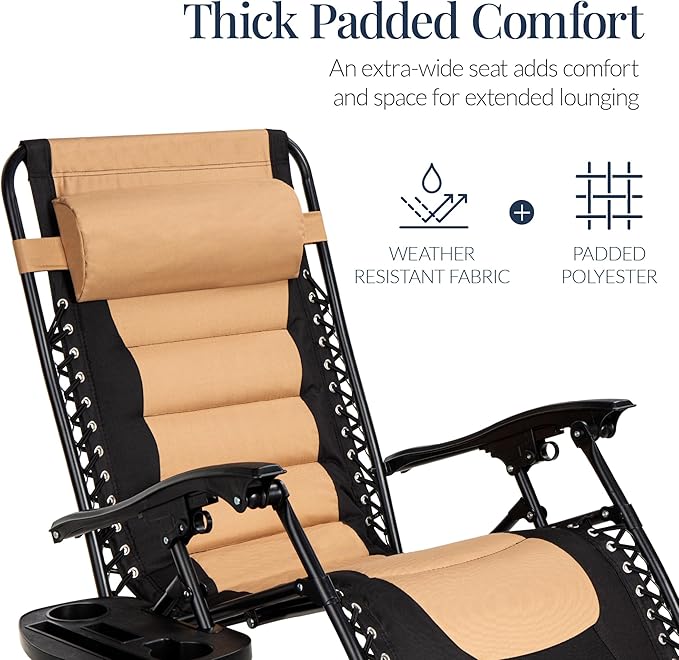 Best Choice Products Oversized Padded Zero Gravity Chair, Folding Outdoor Patio Recliner, XL Anti Gravity Lounger for Backyard w/Headrest, Cup Holder, Side Tray, Polyester Mesh - Tan