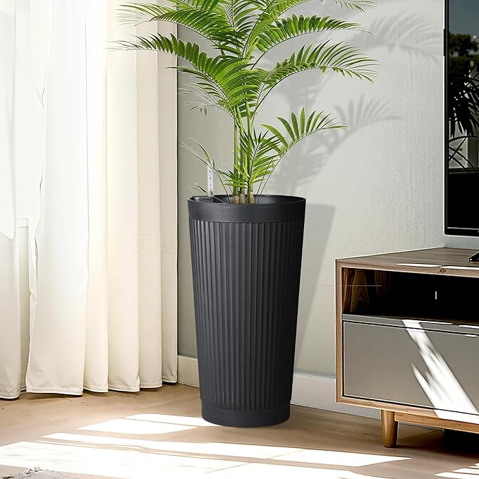 24in Tall Self-Watering Planters Set of 2 - Black Flower Pots with Water Level Monitor, Non-Toxic Plastic Planters for Indoor Outdoor Patio, Porch, Living Room, Home Office