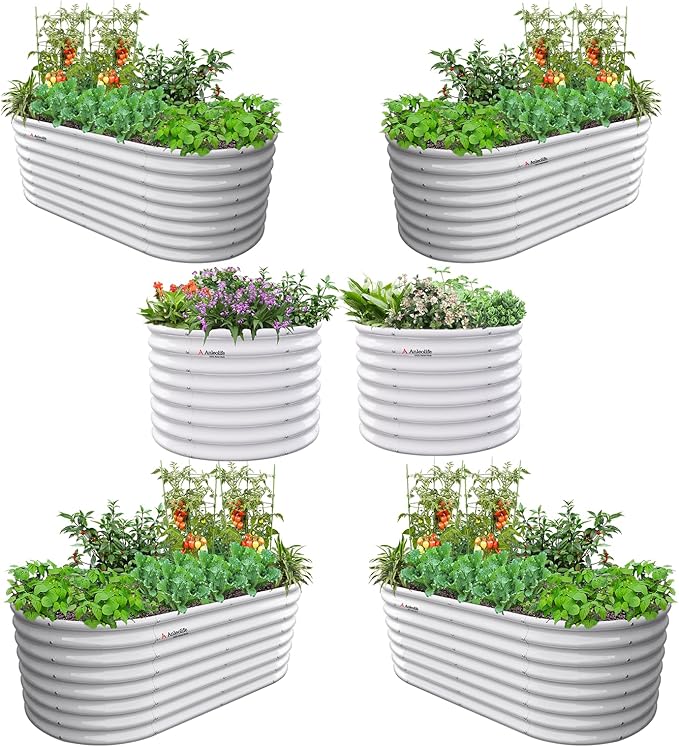 A ANLEOLIFE Set of 6 24 Inch Tall Antique White Raised Garden Beds Kit, Oval & Round Metal Planters – Ideal for Backyard Vegetables Flowers Herbs