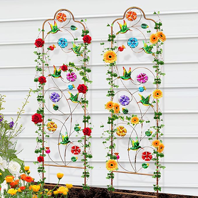 2 Pack Metal Garden Trellis Arched Fence Trellises for Climbing Plants Outdoor, Roses, Vines, Flowers, and Vegetables Support, 60'' H x 12'' W, Hummingbird