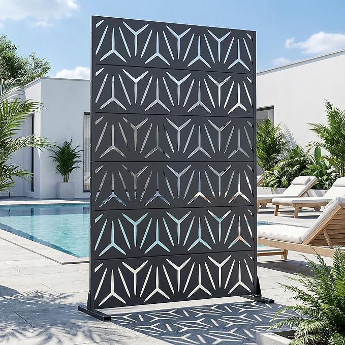 Casaphoria Metal Privacy Screen Outdoor, 72" H x 47" W Freestanding Decorative Privacy Screen for Patio Deck Balcony Garden with Stable Base, Grey-Star