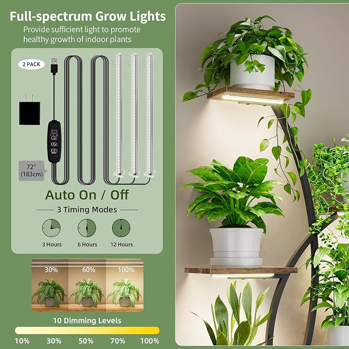 Plant Stand Indoor with Grow Lights - 8 Tiered Tall Plant Shelf, 65" Metal Corner Shelf for Indoor Plants Multiple, Large Curved Half-Moon Flower Holder Stand Display Rack for Patio, Home, 2 Pack