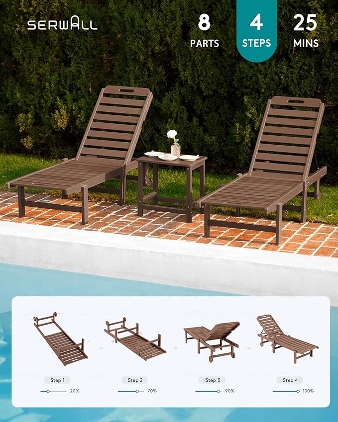 SERWALL Outdoor Chaise Lounge Set of 8, HDPE Pool Lounge Chairs with 5-Position Adjustable Backrest, Patio Loungers with Rolling Wheels & Cup Holder for Pool Sunbathing, Brown
