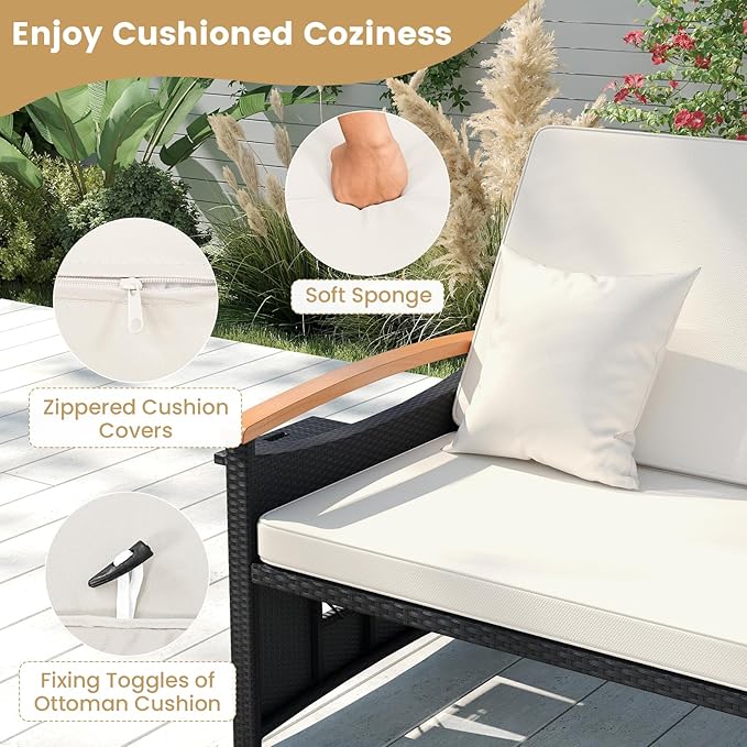 Tangkula Patio Rattan Daybed with 4-Level Adjustable Backrest, Outdoor Wicker Loveseat with Acacia Wood Armrest, Storage Ottoman & Folding Tray, Double Sunbed for Yard & Poolside (White & Black)