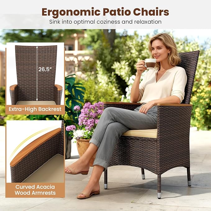 Tangkula 7 Pieces Rattan Outdoor Dining Set for 6, Outdoor Acacia Wood Table Set with 6 Cushioned Wicker Chairs, Umbrella Hole, Patio Dining Furniture Set for Deck Pool Backyard