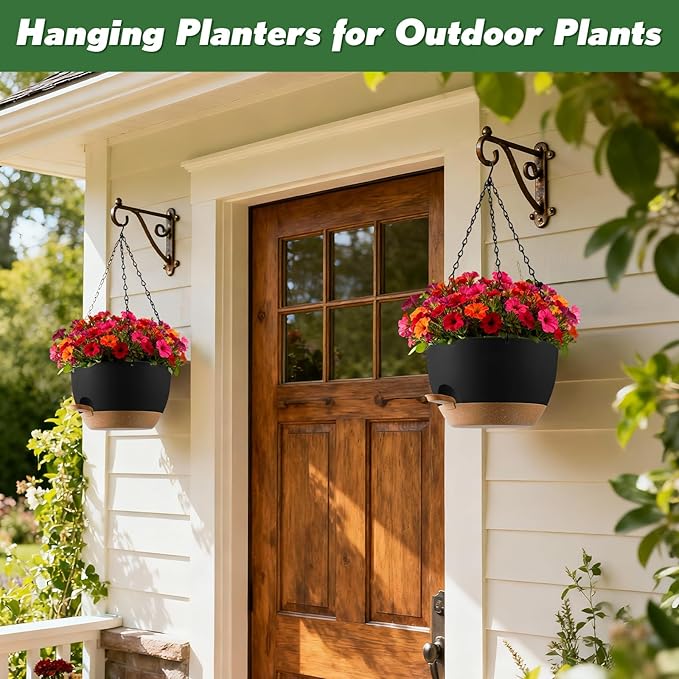 3-Piece Set of 10-Inch Hanging Planters with Automatic Watering System and Drip Tray, Includes Metal Chain, Suitable for Various Indoor and Outdoor Plants and Flowers, Black-Brown