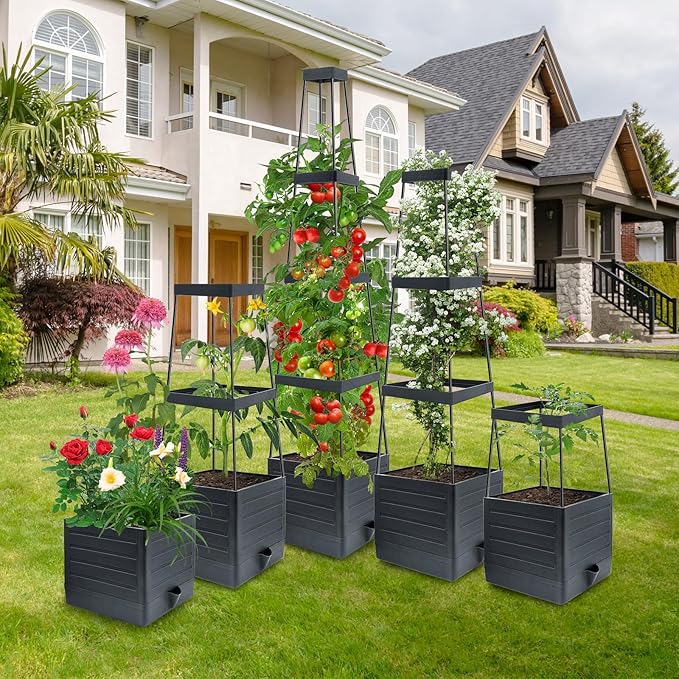 MQUPIN Tomato Planter Box with Trellis for Garden, 57 Inch Self-Watering Raised Garden Bed, Patio Tomato Cage for Climbing Vegetables & Flowers, Upgraded Tomato Pot for Indoor Outdoor Use(1 Pack)