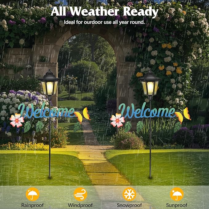 Lewondr Solar Garden Lights Butterfly, 36.6 Inch Solar Lamp Post Light with Welcome Sign & Butterflies, Outdoor Waterproof Solar Stake Lights for Yard Porch Patio Pathway Gardening Gifts, 2 Pack