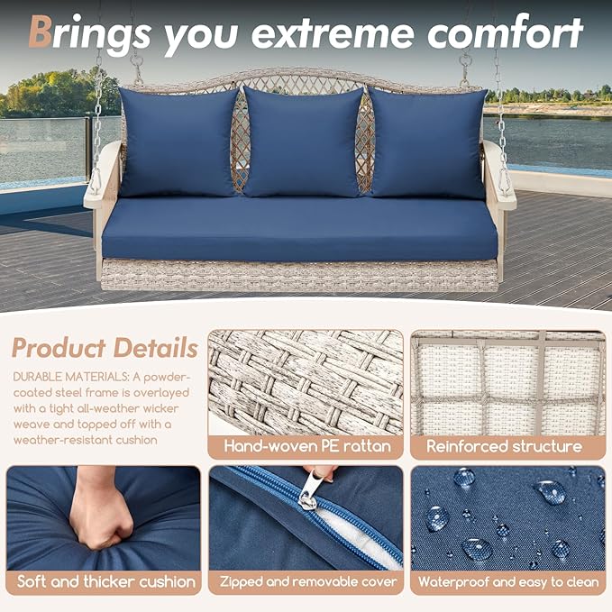 Upgraded Wicker Hanging Porch Swing Heavy Duty 900 LBS 3-Seat Outdoor Patio Swing Chair Bench for Adult w/ 8.9ft Hanging Chains Cushions and Cup Holder(Grey/Blue)