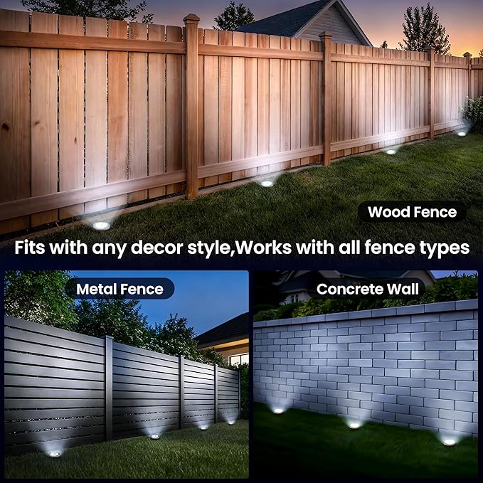 GIGALUMI Solar Ground Lights - No-Drill Fence Lighting Solution, Waterproof Perimeter Lights Compatible with Wood, Metal & Concrete Fences (16 Pack Cool White)