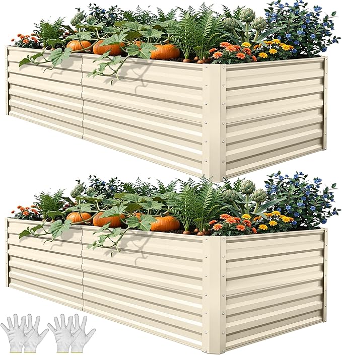 YITAHOME 6x3x2ft 2pcs Large Raised Garden Bed Kit, Galvanized Metal Planter Box with Gloves, Support Rod, Outdoor Above Ground Planters for Plants Vegetables Flowers, Cream Yellow