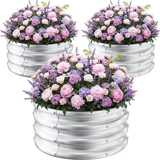 ZXZYHFTY Round Galvanized Raised Garden Bed kit,Silver Outdoor Garden Raised Planter Box, Round Large Metal Raised Garden Beds for Vegetable 2 * 2 * 1ft 3 Pcs