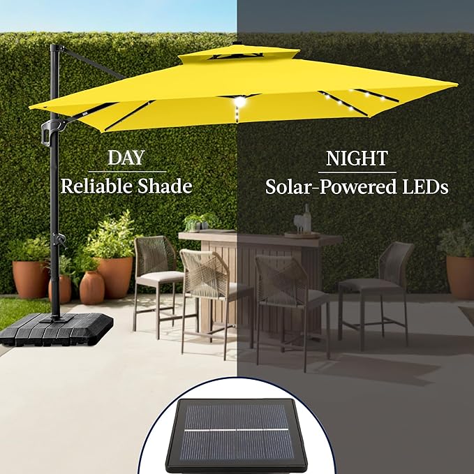 Best Choice Products 12x12ft LED Cantilever Patio Umbrella w/Base Included & 360° Rotation, Large Solar Offset Hanging Outdoor Sun Shade for Deck, Backyard Table w/Stand & Lights – Yellow