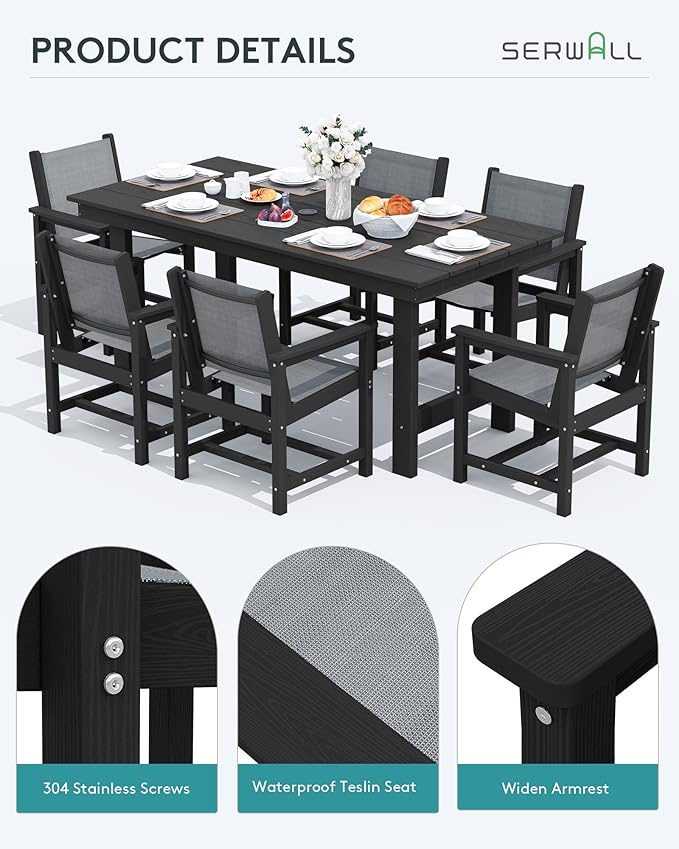 SERWALL Patio Dining Sets for 6, Outdoor HDPE Dining Set with Umbrella Hole Cut-Out Table and 6 Woven Chairs, Black