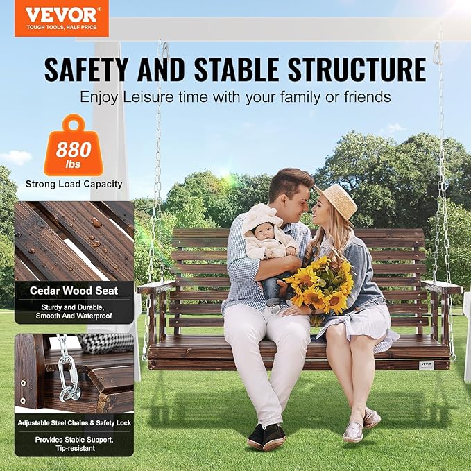 VEVOR Outdoor Wooden Porch Swing, 880lbs 4.5FT Heavy Duty Haning Porch Swings Bench Chair for Patio, Garden and Courtyard
