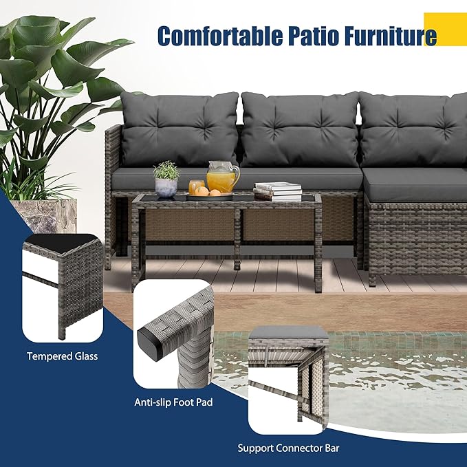 Vongrasig 3 Pieces Patio Furniture Sets, All-Weather Wicker Outdoor Sofa Couch Sectional Set, Small Conversation Set for Patio, Garden w/Cushion, Glass Table, (Grey)