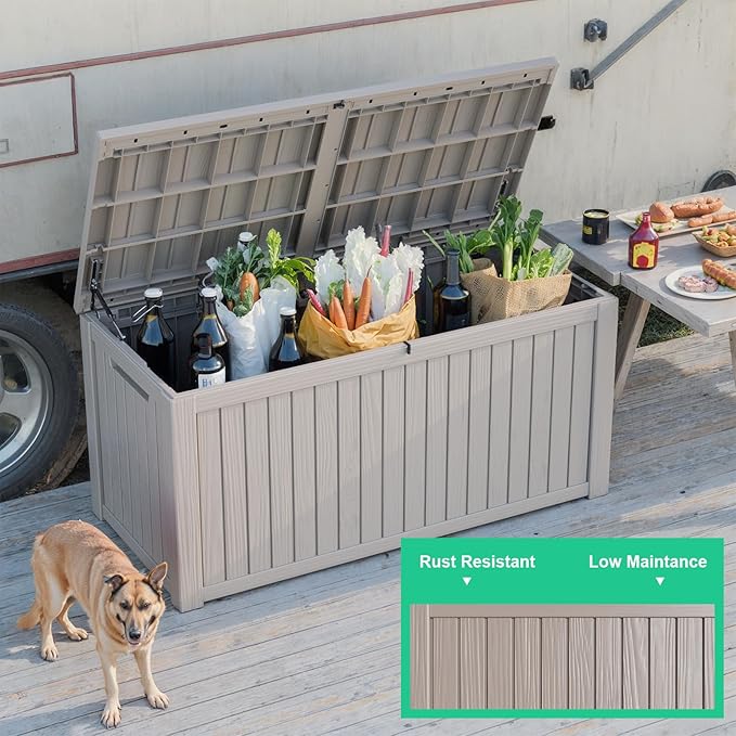 ROJIK Outdoor Storage Housing Deck Box - Waterproof Patio Furniture, Garden Tools, Cushions, Pool Accessories Storage Bench with Lockable Lid and Side Handles (Grey 200 Gal)