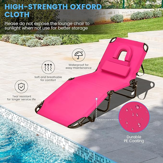 GYMAX Tanning Chair, 350lbs Beach Lounge Chair with Face Hole, Detachable Washable Pillow & Carry Strap, Adjustable Folding Chaise Lounge, Layout Chair for Outside, Patio, Poolside, Lawn (2, Pink)
