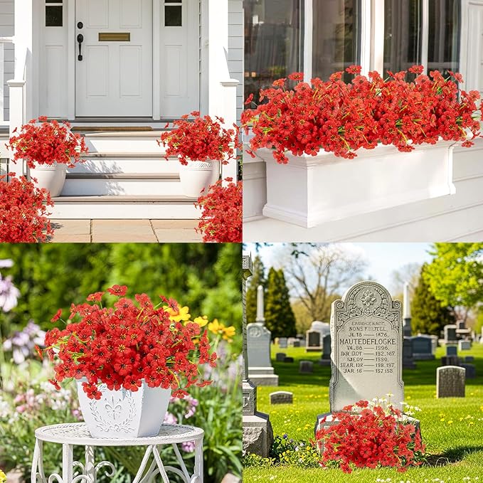 MACTING 24 Bundles Artificial Flowers for Outdoors UV Resistant Fake Flowers Faux Plastic Plants No Fade for Planters Window Patio Porch Home Garden Indoor Outside Spring Decorations,Red