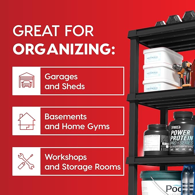 IRIS USA 3-Shelf Heavy Duty Plastic Storage Shelves, 450lb Capacity, 38" H x 36" W x 18" D, Large Modular Shelving Unit Storage Organizer for Garage, Home, Warehouse & Gym, Storage Rack - Black