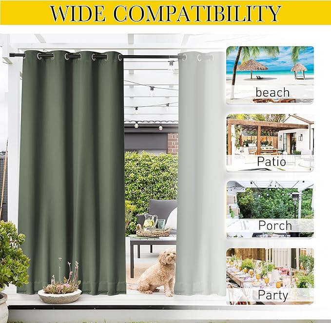 NICETOWN 2 Panels Outdoor Curtains Waterproof Fixed Grommet/Back Tab on Top & Bottom, Thermal Insulated Windproorf Sun Blocking Outdoor Drapes with Rope for Patio/Gazebo, W52 x L84, Greyish Green