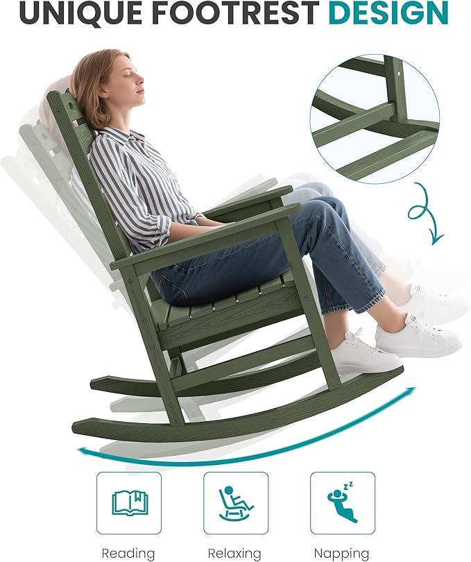 SERWALL Outdoor Rocking Chair Set of 4, Oversized HDPE Patio Rocking Chair with Footrest for Adults, All Weather Porch Rocker for Deck Patio Balcony, Avocado Green