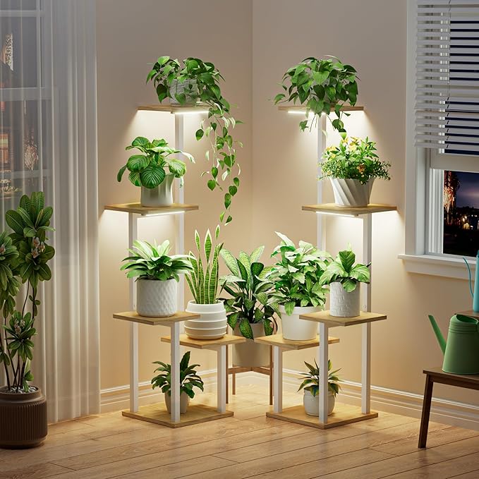 LATIBELL Plant Stand Indoor with Grow Light - 2 Pack Metal Plant Shelf for Indoor Plants Multiple, 5 Tiered Corner Plant Stand Shelves, Plant Rack Display Flower Holder for Living Room Patio (White)