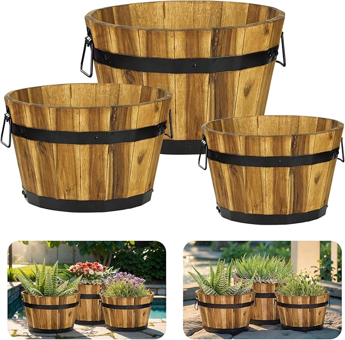 Idzo Set of 3 Wooden Flower Planters for Outdoor Plants, Acacia Wood Barrel Planters, Ergonomic Handles, Drainage Holes, Various Sizes, Golden Teak