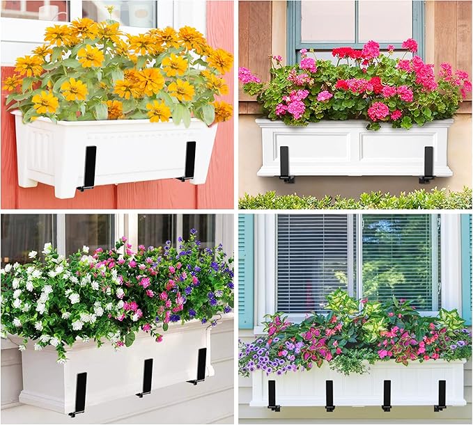 Y&M Adjustable Planter Brackets (6 to 12.5 in), Heavy Duty Iron Window Box Mounting Hooks for Balcony, Fences, Patio, Garden - Black
