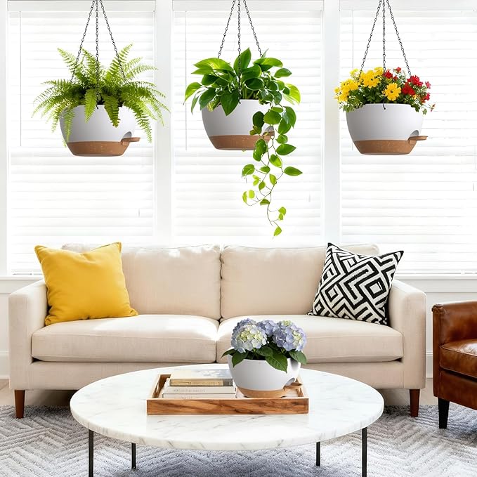 Set of 3-10 Inch Self Watering Hanging Planters for Indoor Outdoor，Hanging Plant Pots with Drainage & Removable Tray, Hanging Pots Holder for Pothos Plant, Ferns, Balcony & Patio,White with Brown