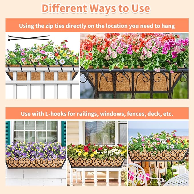Riare 4 Pack 23 Inch Window Boxes Planters with Coco Liner, Metal Deck Railing Planter Boxes, Balcony Planters Railing Hanging, Horse Trough Window Flower Planter Boxes for Outdoor Porch Fence Patio