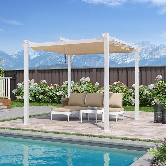 PURPLE LEAF 10' x 10' Outdoor Aluminum Pergola White Heavy-Duty Retractable Pergola Patio Metal with Double Sun Shade Canopy for Gardens Deck Backyard, Khaki